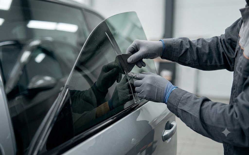 Technician carefully installing window tint film