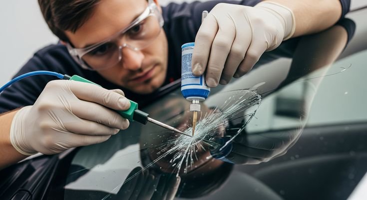 Close-up of a small windshield chip being assessed